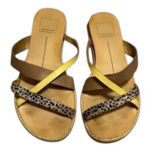 Dolce Vita sz 6 strappy flat summer sandal animal‎ print neutral yellow Indie